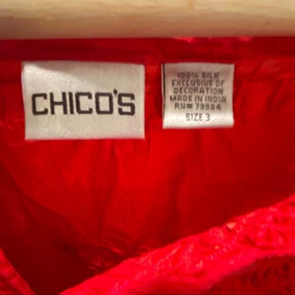 100% Silk CHICO'S Red Long Sleeve Floral Blouse Lagenlook Women Sz 3 XL - Picture 4 of 4